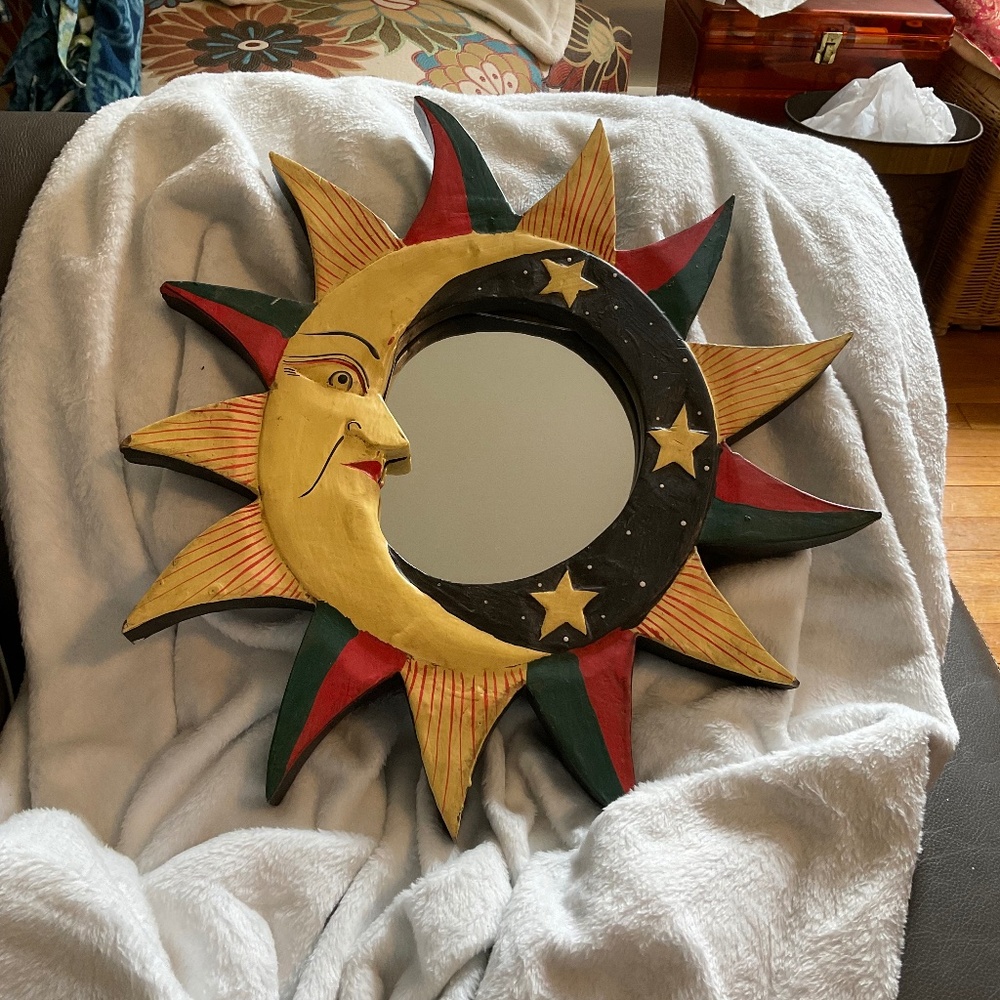 Vintage Celestial Moon and Sun Mirror Wall Hanging